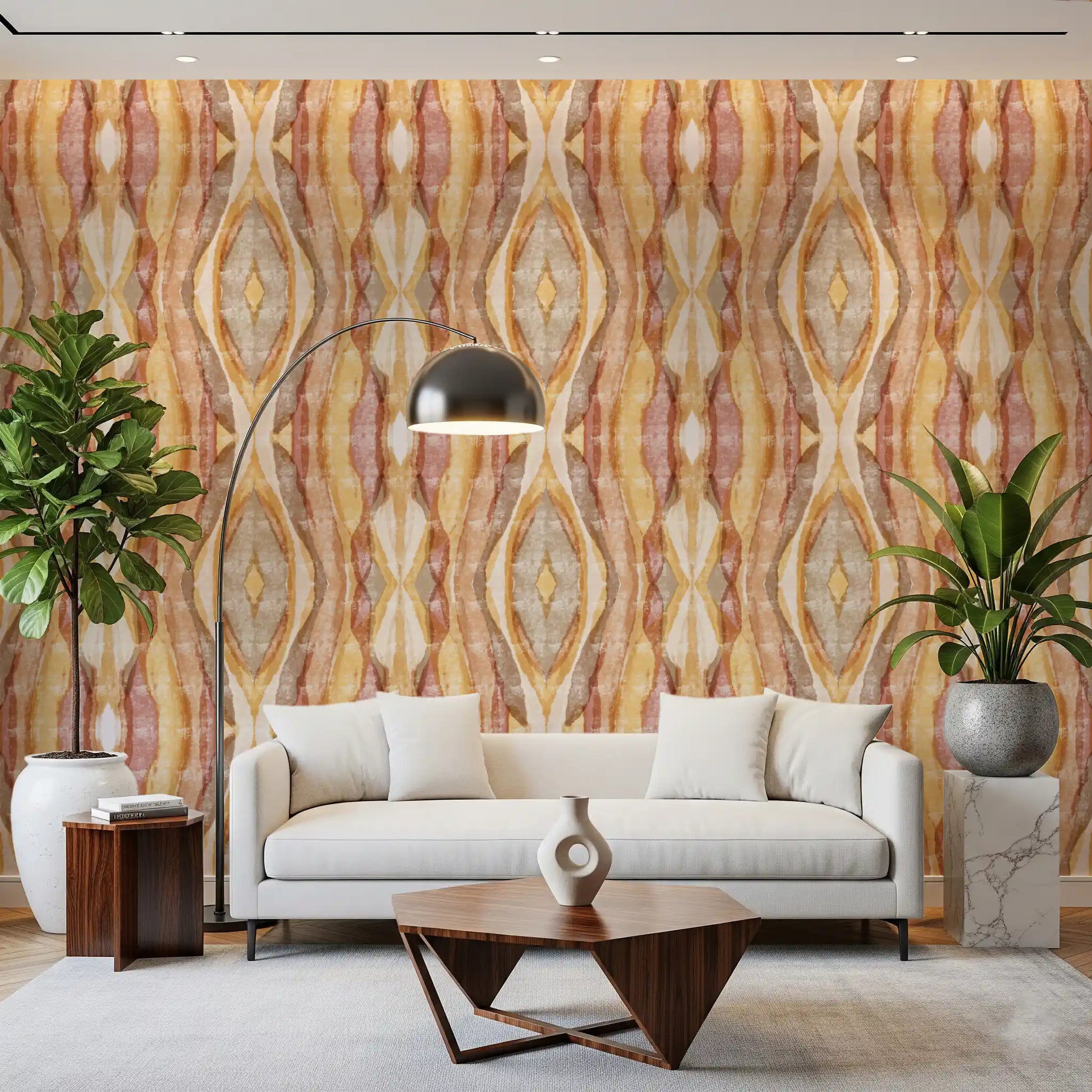 Rhythm wallpaper with Golden ochre and dusty rose vertical stripes., GD10533