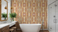 Overlapping amber and taupe bands on golden rhythm abstract wallpaper in bathroom., GD10533
