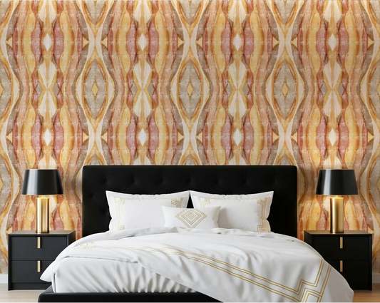 Golden rhythm abstract stripes wallpaper with warm tones in a bedroom.