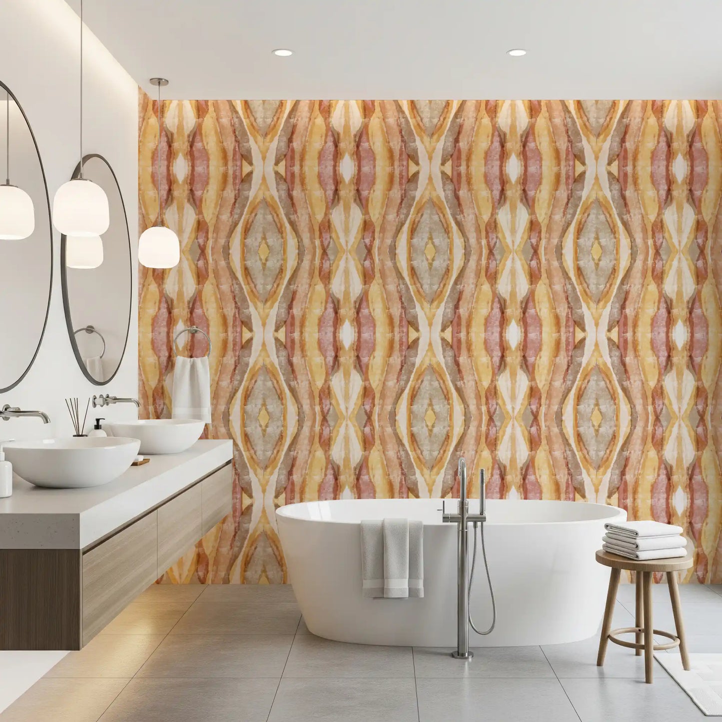 Golden rhythm abstract stripes wallpaper with amber and terracotta bands in bathroom., GD10533