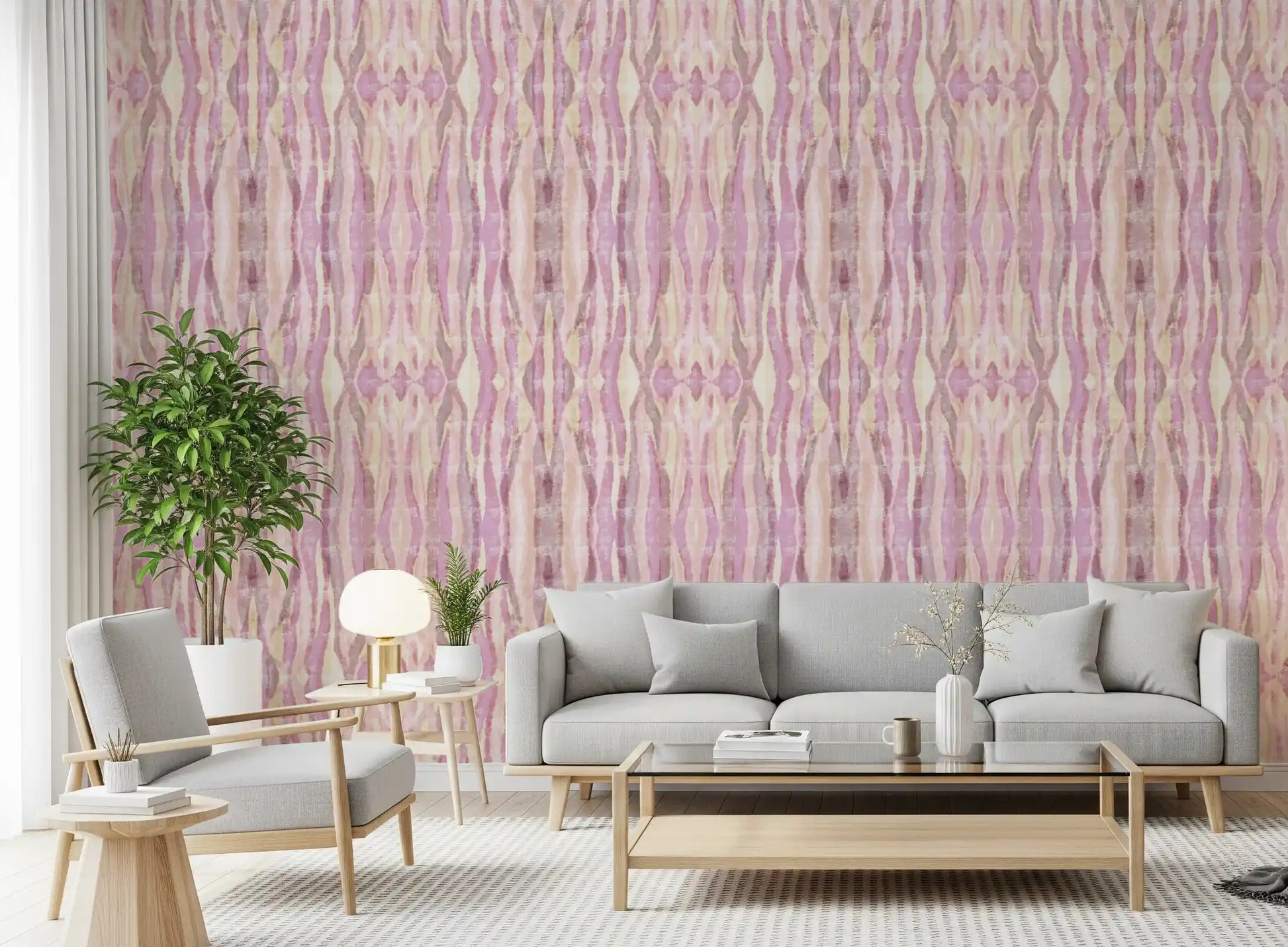 Pastel pink mirrored ikat wallpaper with organic faded wash., GD10534