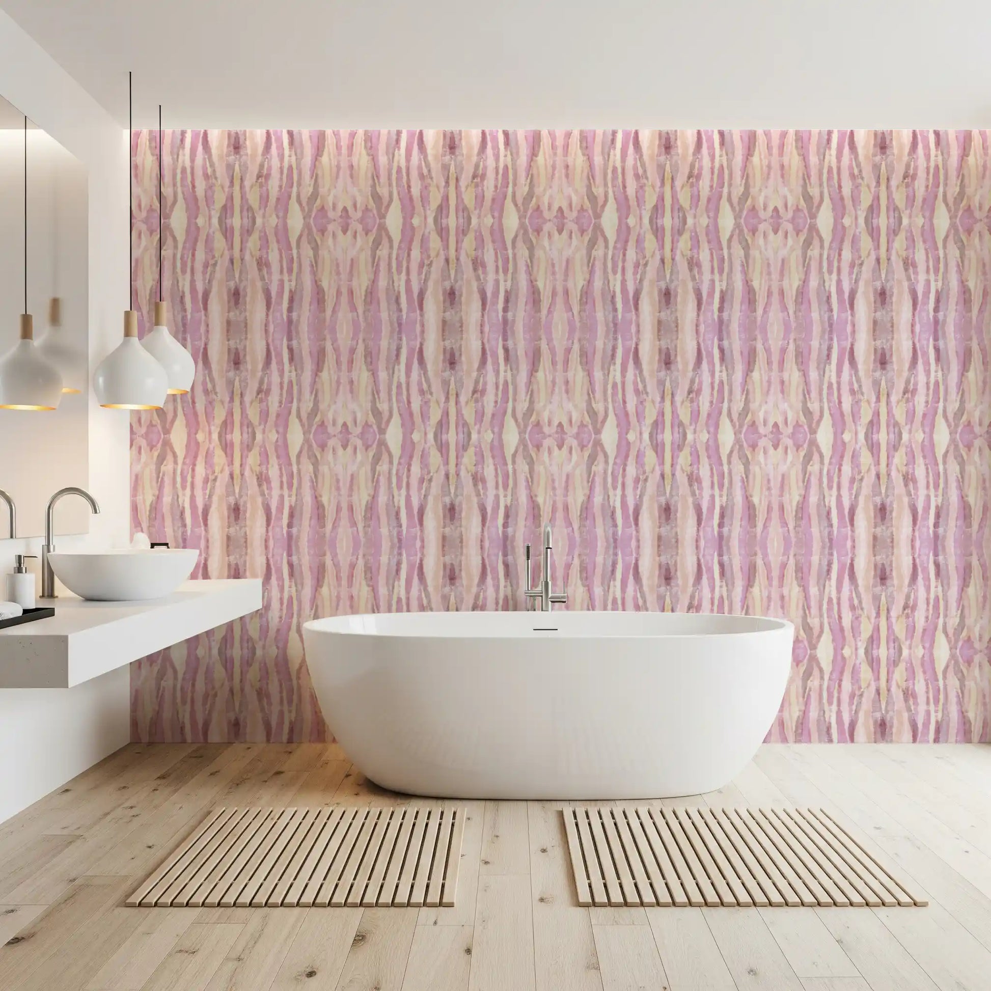 Mauve and cream ikat wallpaper for a bathroom in pink and lavender color., GD10534