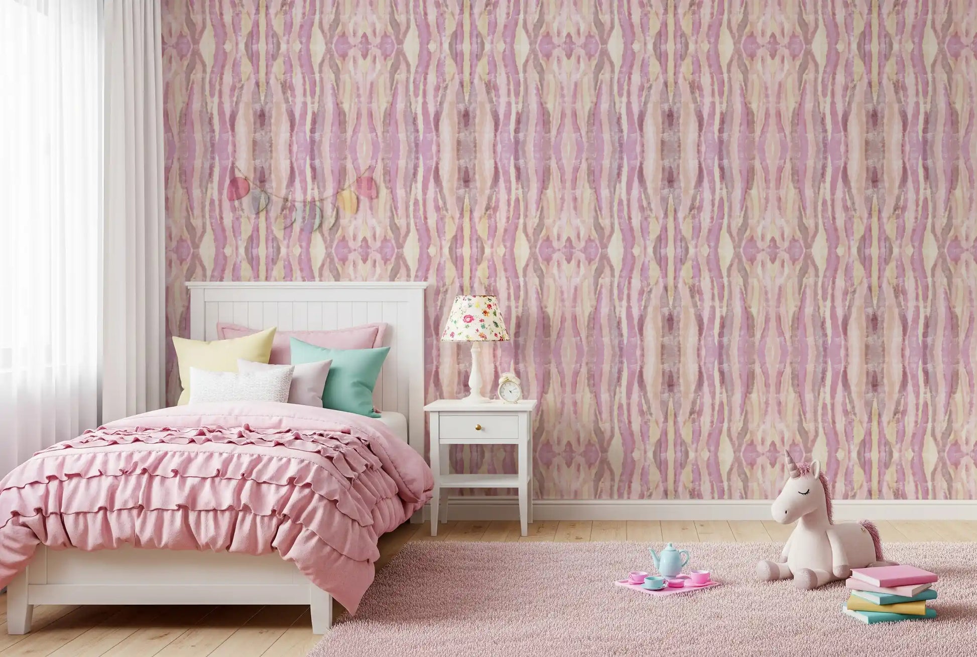 Lavender and blush repeating stripe wallpaper with warm tones., GD10534