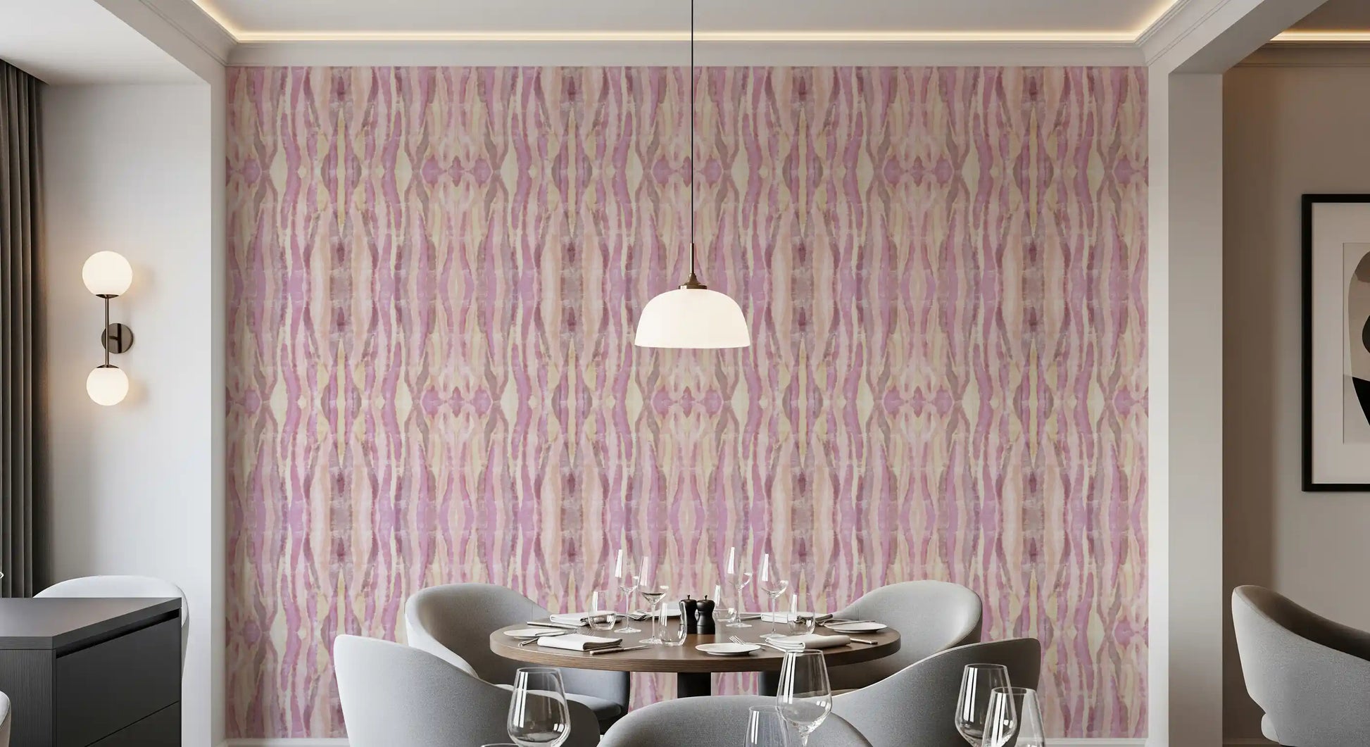 Blush pink and lavender ikat stripes wallpaper with watercolour texture., GD10534