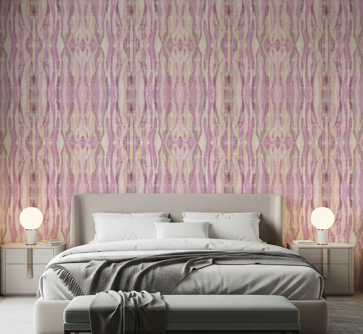 Pink ikat stripes wallpaper for a soft-toned bedroom wall., GD10534