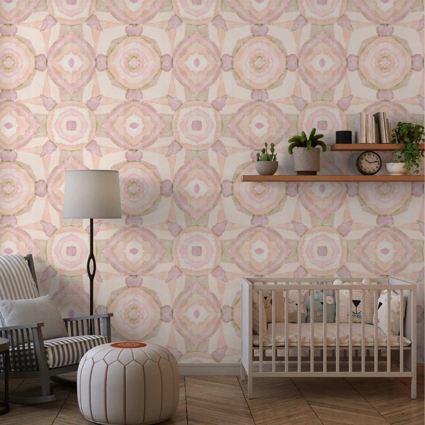 Cream based mandala wallpaper with olive green and pink washes., GD10535