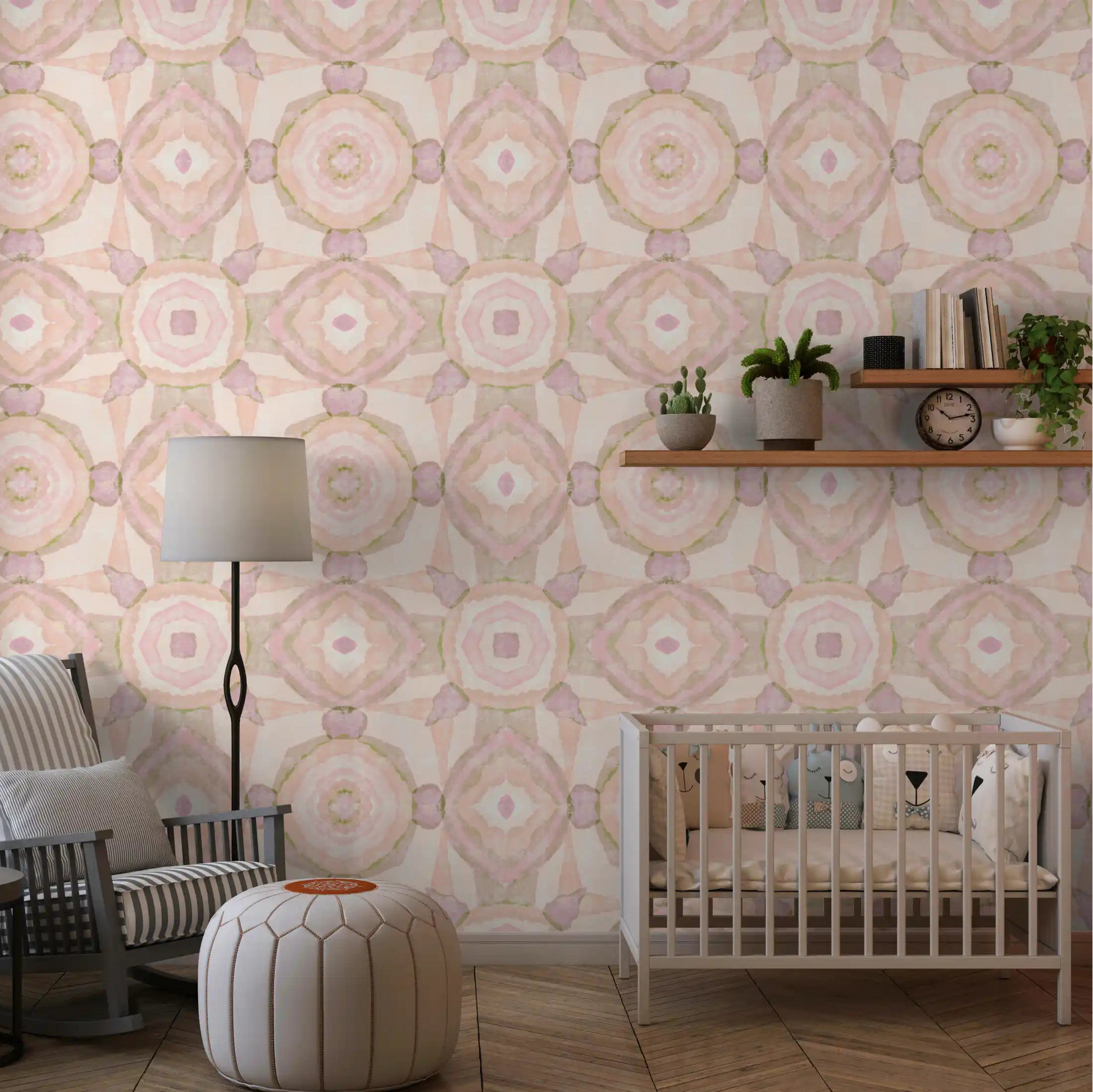Cream based mandala wallpaper with olive green and pink washes., GD10535