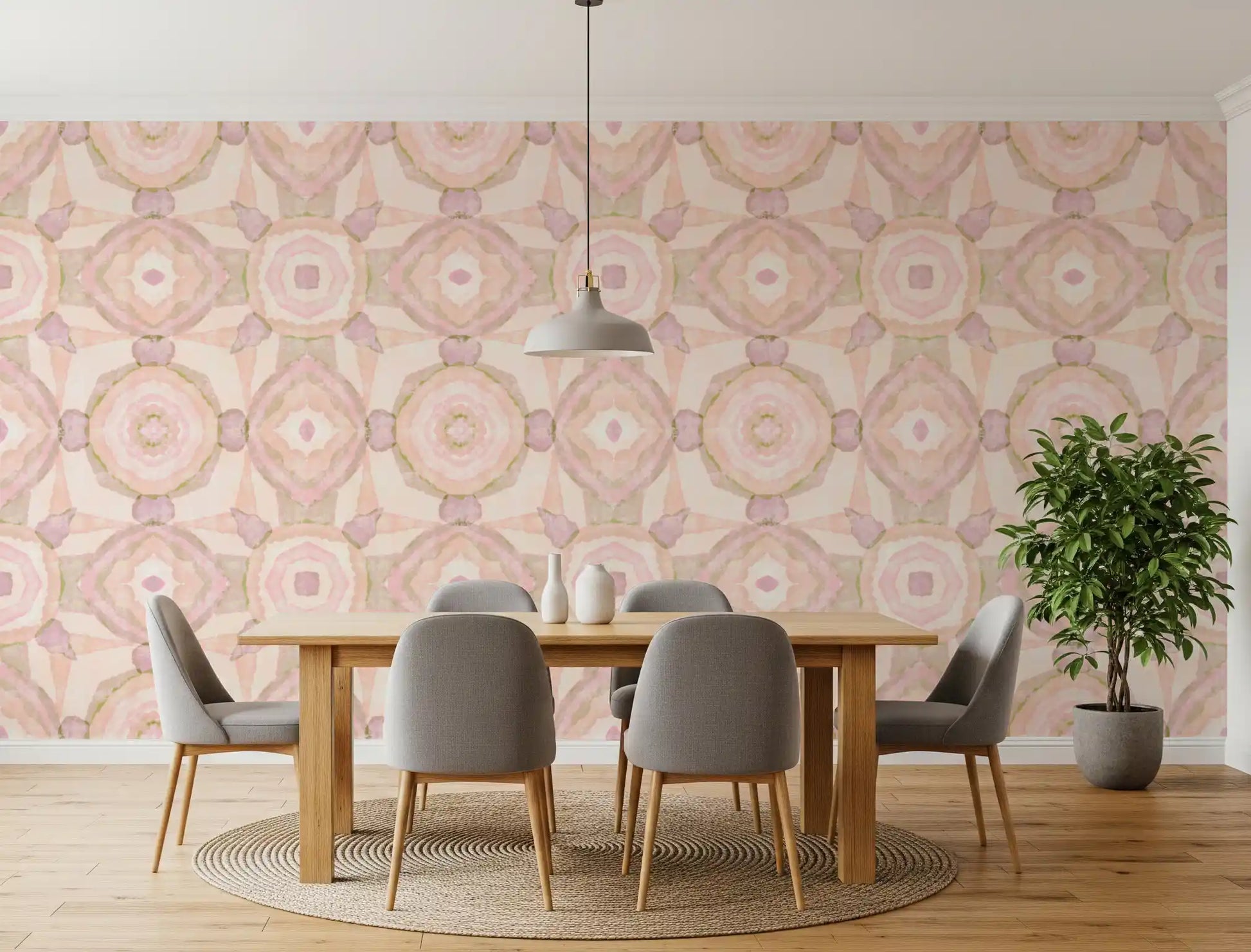 Soft peach and lilac symmetrical watercolour wallpaper pattern., GD10535