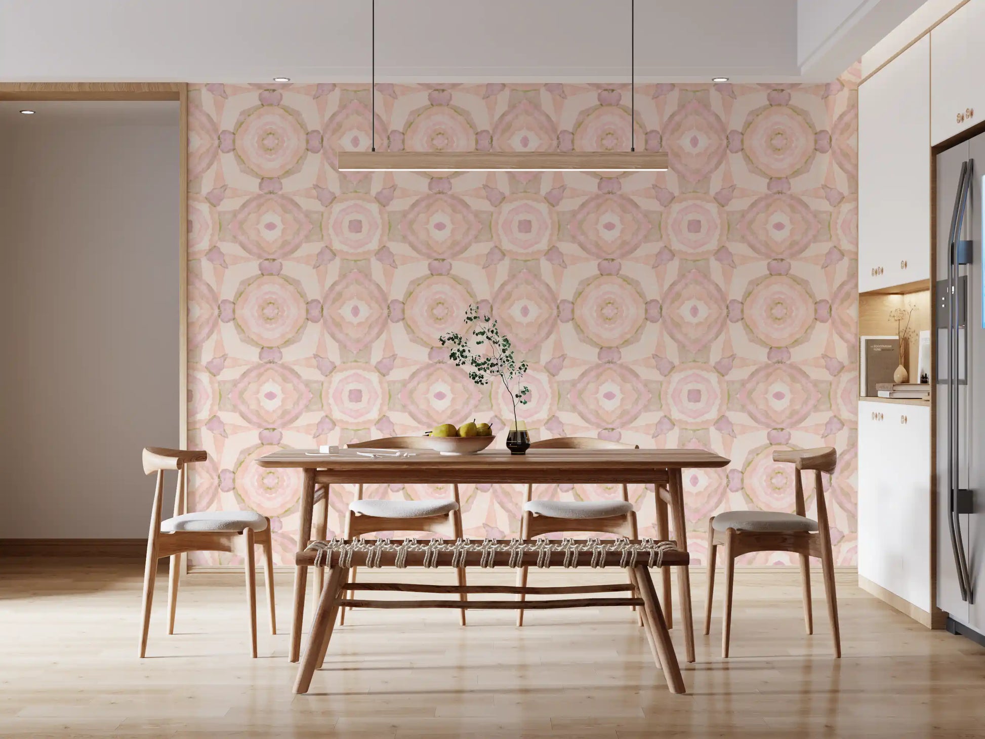 Pastel watercolour mandala pattern wallpaper in peach and pink tones., GD10535