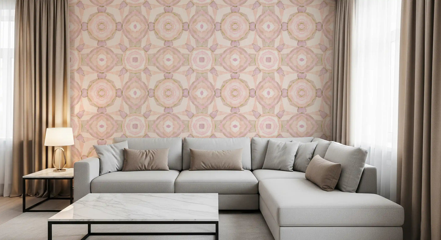 Soft watercolour pattern wallpaper in a living room space with lavender kaleidoscope., GD10535
