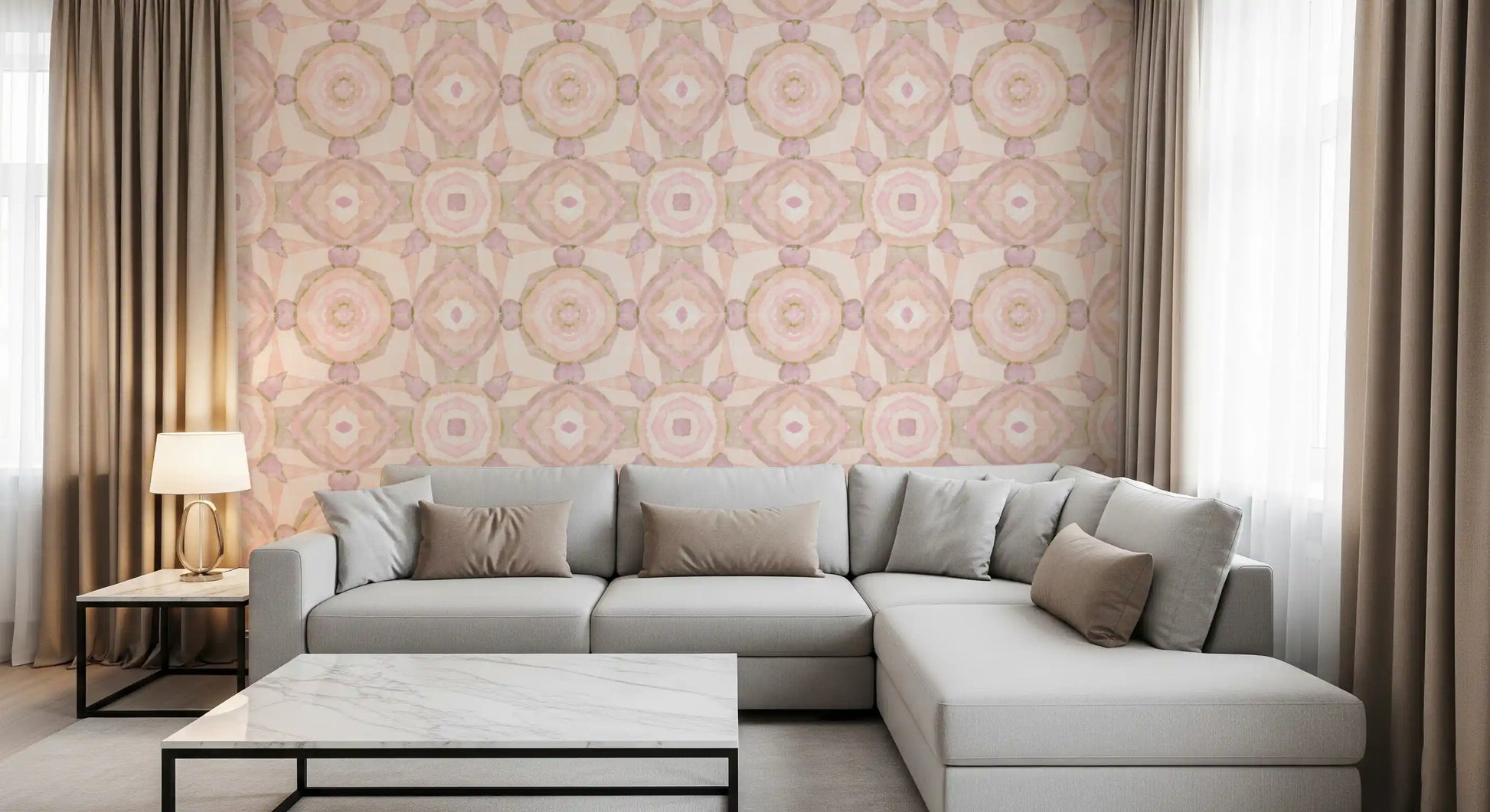 Soft watercolour pattern wallpaper in a living room space with lavender kaleidoscope., GD10535