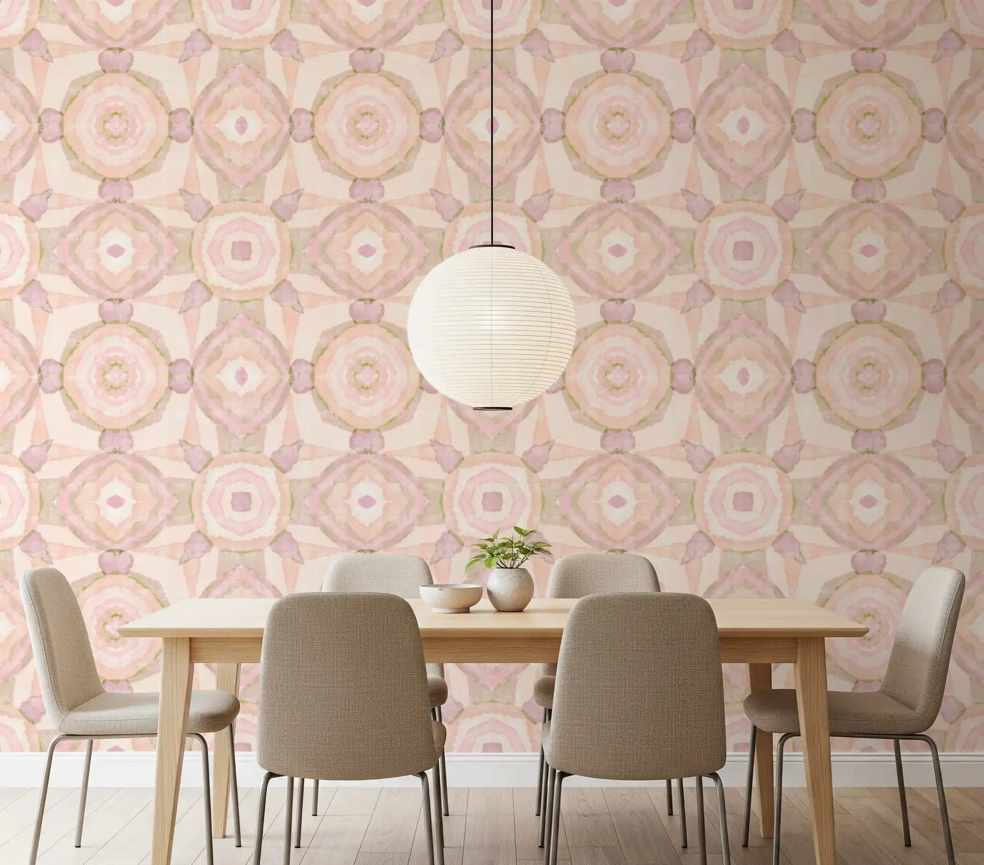 Peach toned kaleidoscope wallpaper for a dining room wall with mandala pattern., GD10535