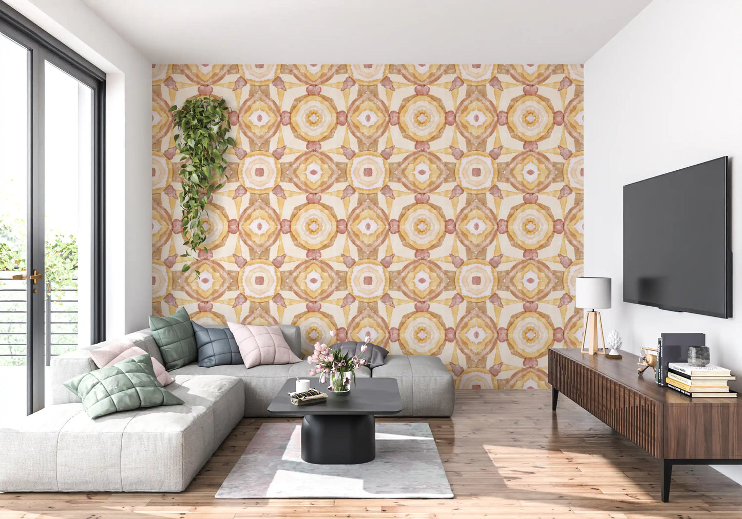 Abstract kaleidoscope wallpaper with Dusty rose and amber colors., GD10536