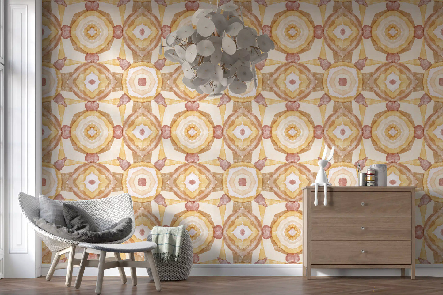 Watercolour mandala wallpaper with Golden yellow and camel toned., GD10536