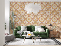 Ochre and sienna symmetrical mandala wallpaper with organic texture., GD10536