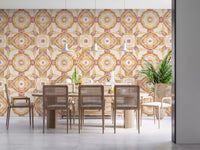 Ochre and rose toned wallpaper for a cosy dining space with mandala pattern., GD10536