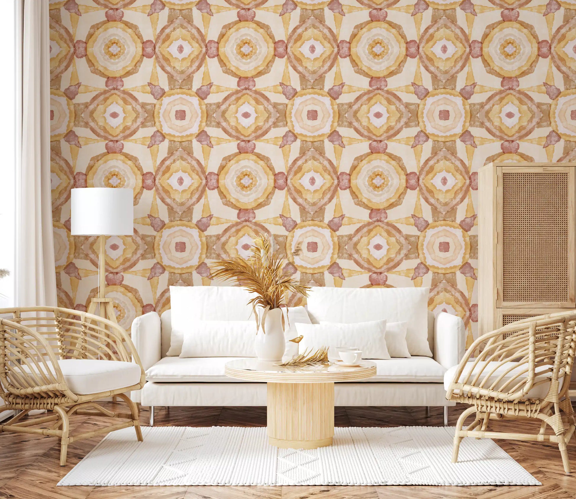 Warm tan and yellow kaleidoscope pattern wallpaper on cream base., GD10536
