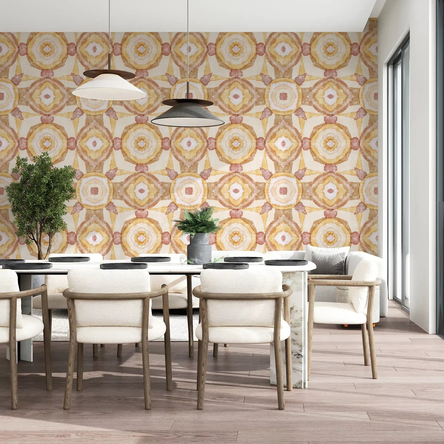 Golden yellow mandala wallpaper in a dining room with amber tone., GD10536