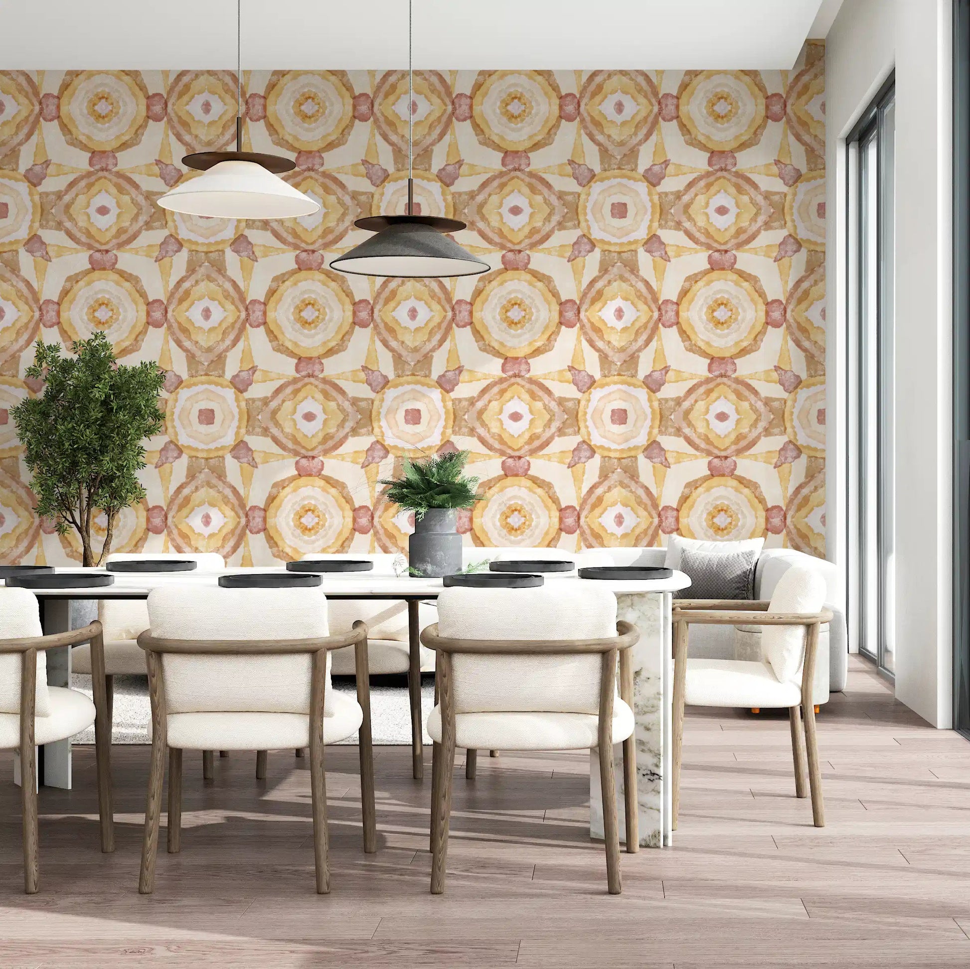 Golden yellow mandala wallpaper in a dining room with amber tone., GD10536