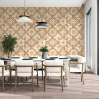 Golden yellow mandala wallpaper in a dining room with amber tone., GD10536