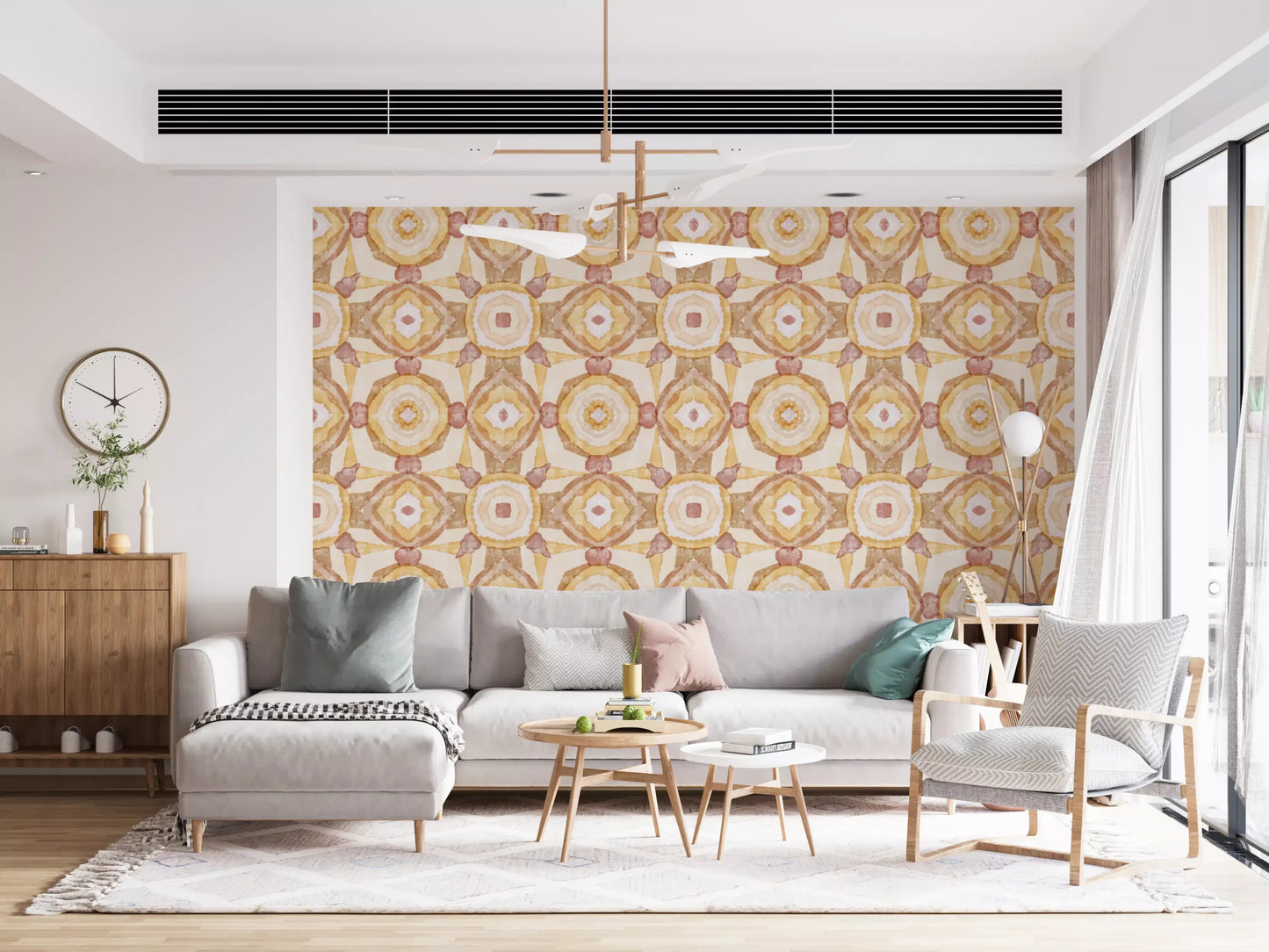 Warm watercolour mandala wallpaper for a living room feature wall., GD10536