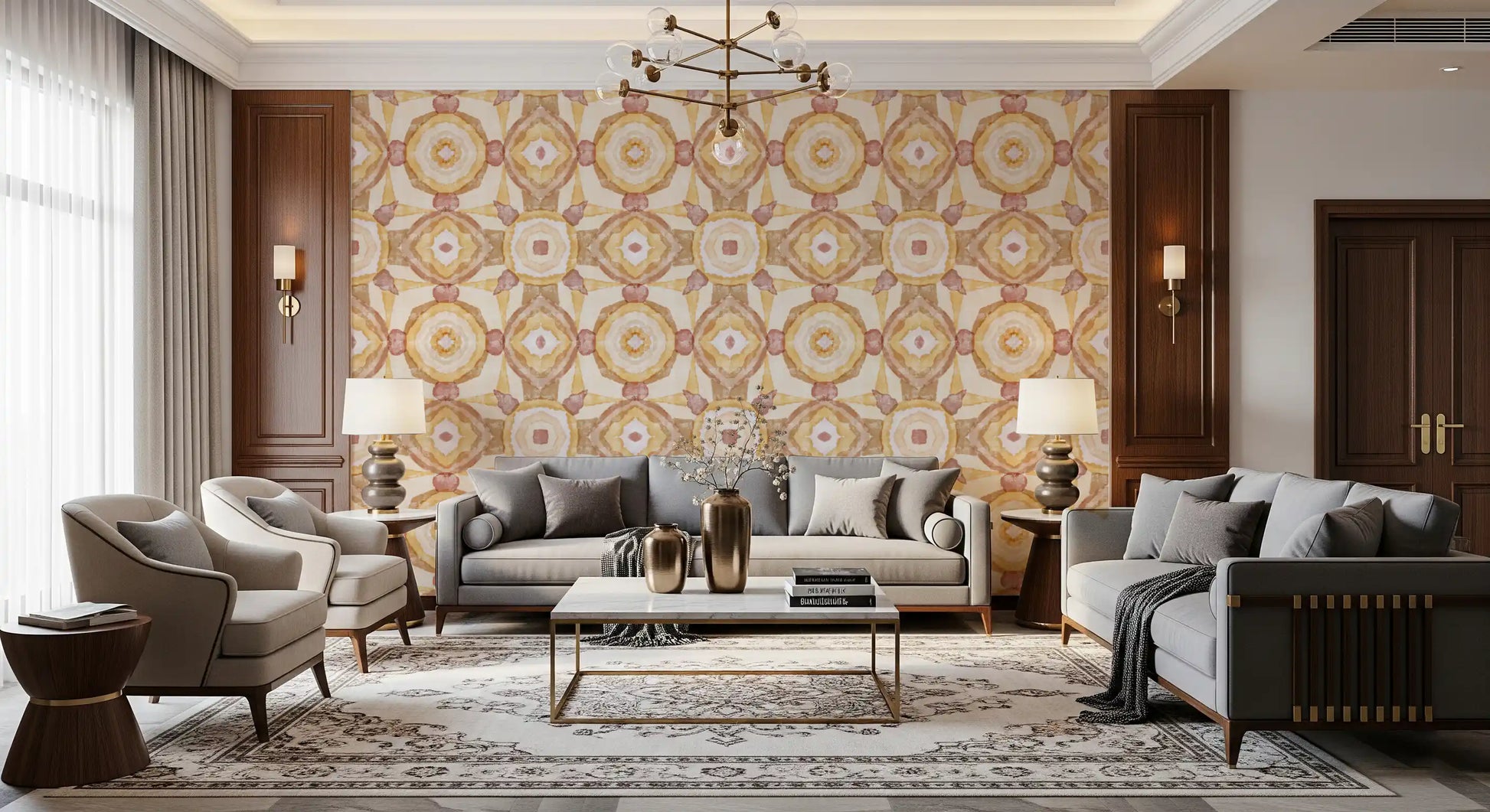 Amber and tan kaleidoscope wallpaper for a living room accent wall., GD10536