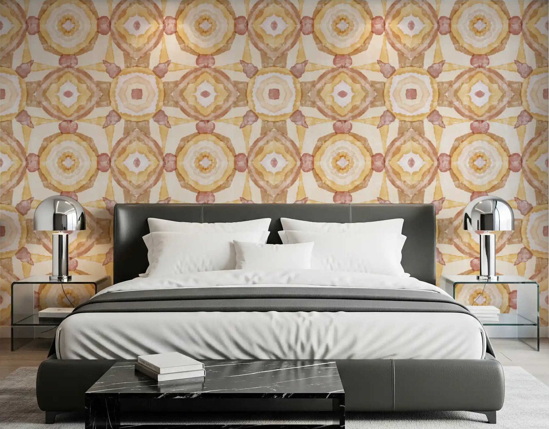 Golden earth mandala wallpaper for a warm-toned bedroom interior., GD10536