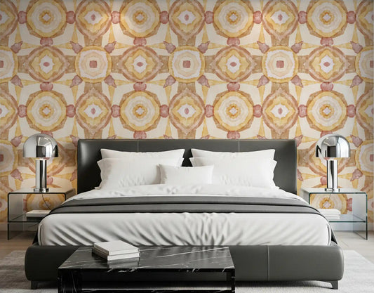 Golden earth mandala wallpaper for a warm-toned bedroom interior.