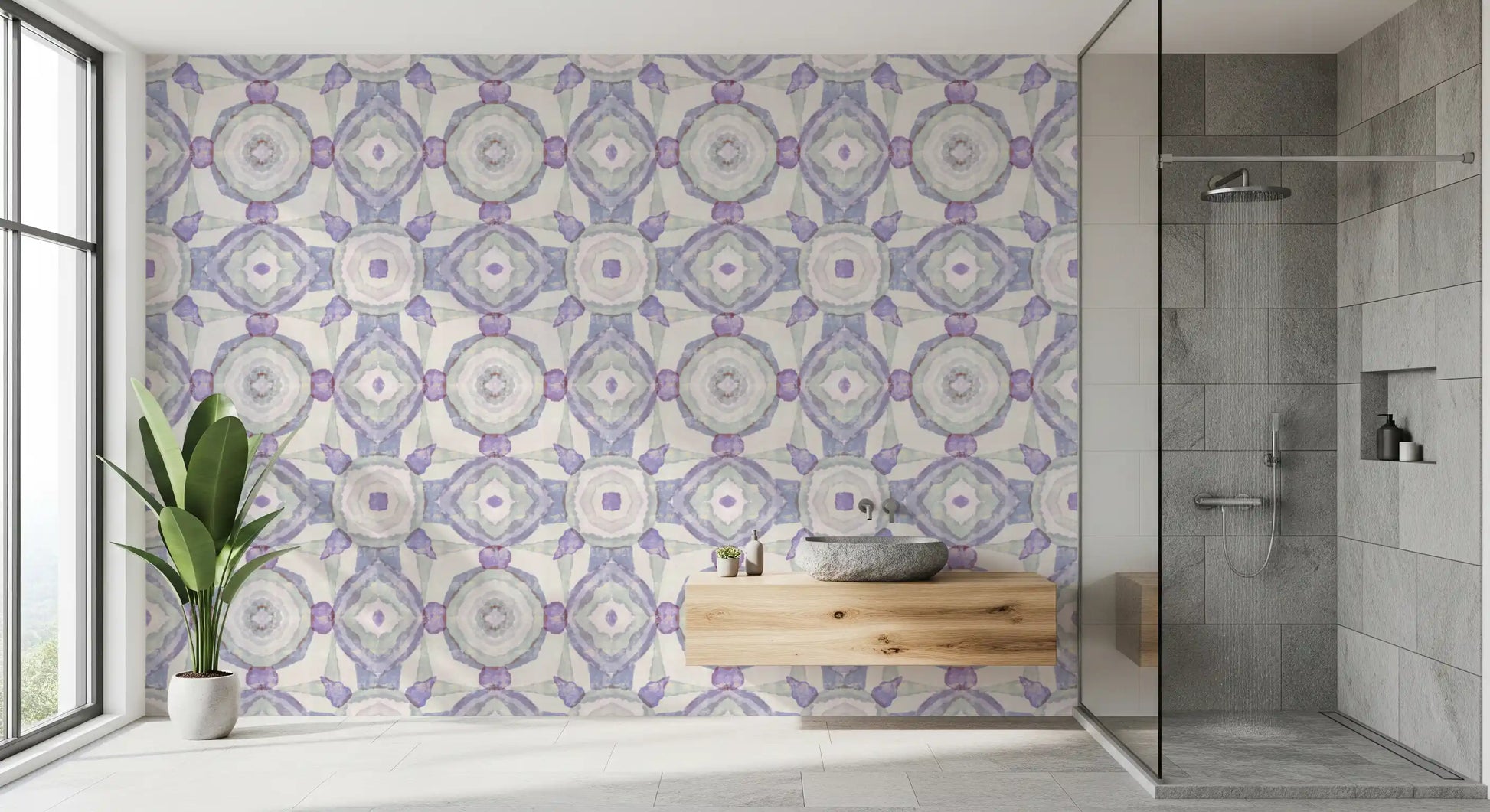 Cool-toned watercolour wallpaper for a bathroom space., GD10537
