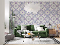 Lavender and sage green kaleidoscope wallpaper with watercolour texture., GD10537