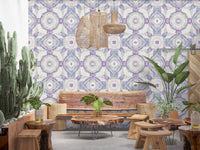 Muted purple and grey-blue mandala pattern wallpaper on white base., GD10537