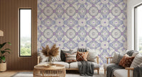 Cool-toned symmetrical kaleidoscope wallpaper in soft lavender tones., GD10537