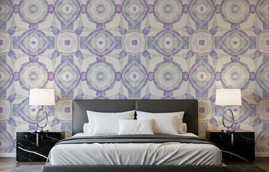 Muted lavender kaleidoscope wallpaper for a bedroom with mandala pattern.