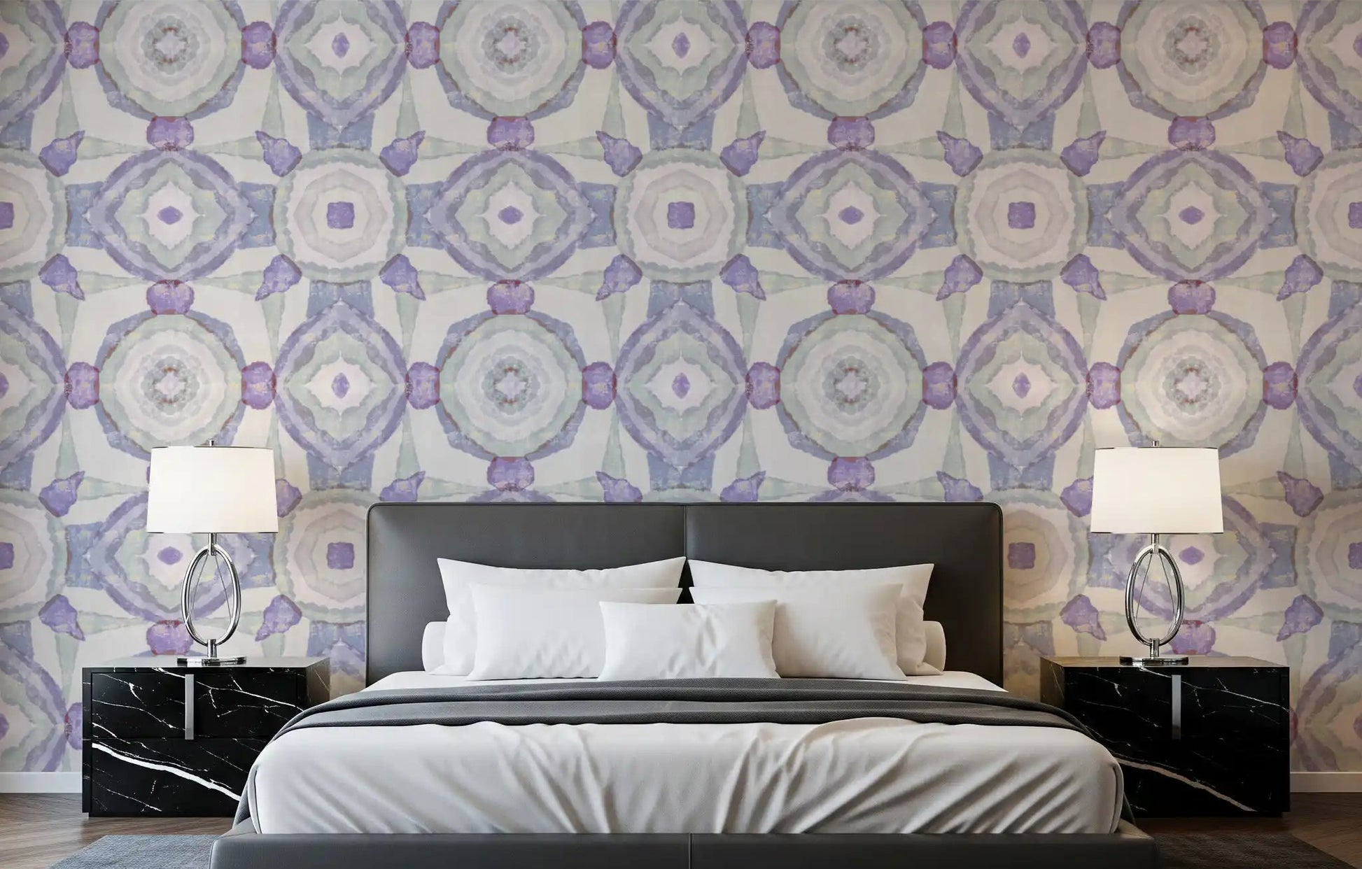 Muted lavender kaleidoscope wallpaper for a bedroom with mandala pattern., GD10537