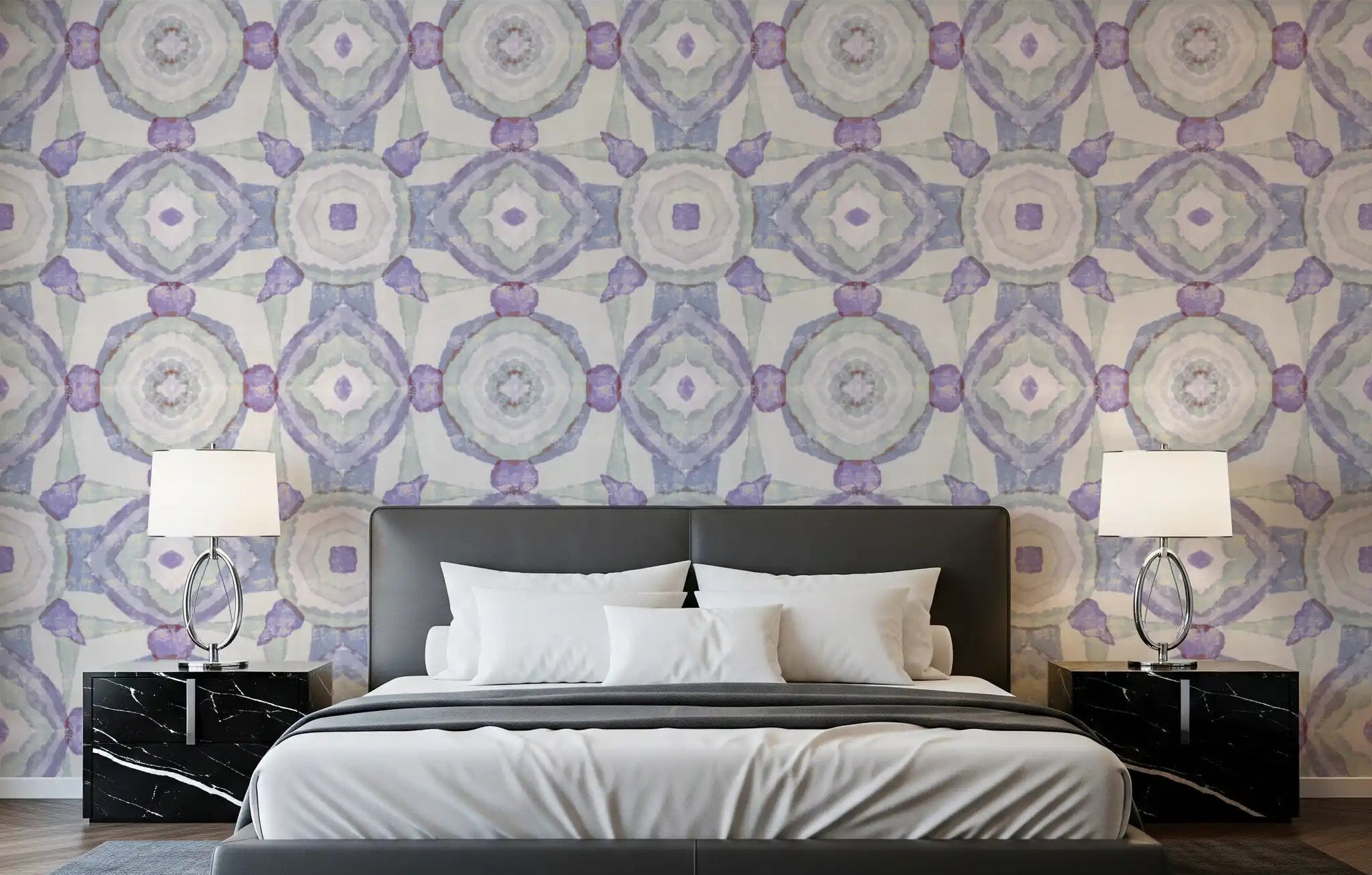 Muted lavender kaleidoscope wallpaper for a bedroom with mandala pattern., GD10537