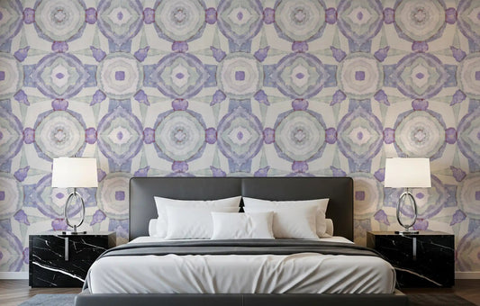 Muted lavender kaleidoscope wallpaper for a bedroom with mandala pattern.