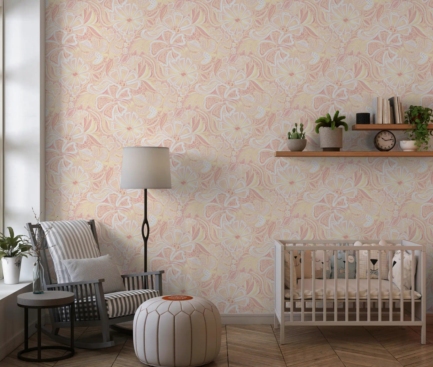 Pink and yellow floral wallpaper in a nursery with whimsy flowers., GD10538