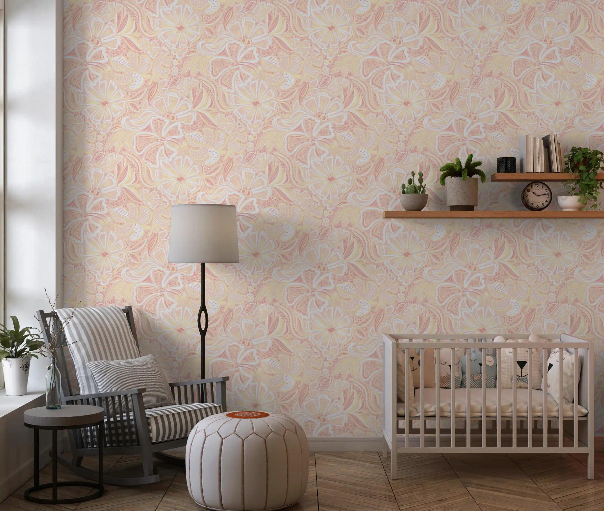 Pink and yellow floral wallpaper in a nursery with whimsy flowers., GD10538