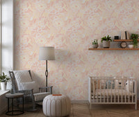 Pink and yellow floral wallpaper in a nursery with whimsy flowers., GD10538