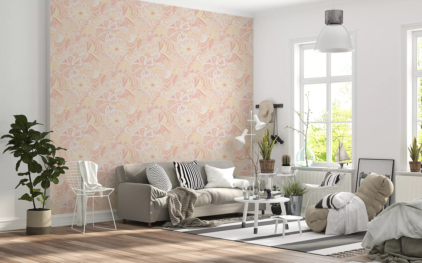 Coral pink and butter yellow botanical wallpaper on peach background., GD10538