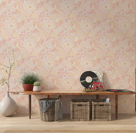 Warm peach botanical wallpaper for a hallway space with dense florals.