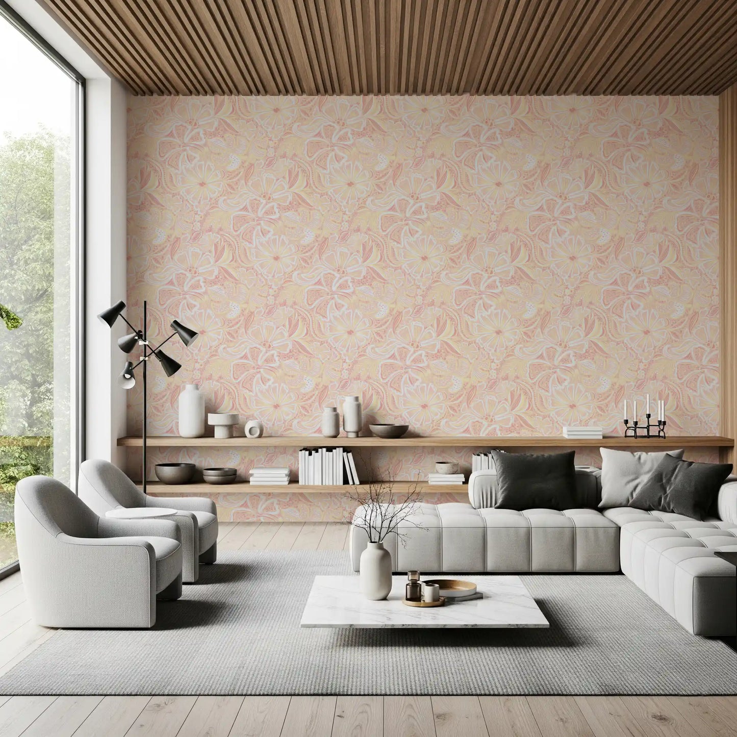 Coral and yellow bloom wallpaper for a living room feature wall., GD10538