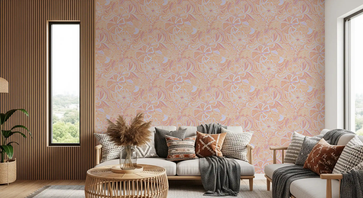 Apricot and cream floral wallpaper with curving petal outlines., GD10539