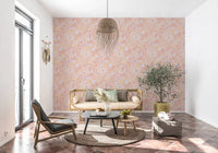 Warm peach botanical wallpaper with lavender and white flower., GD10539