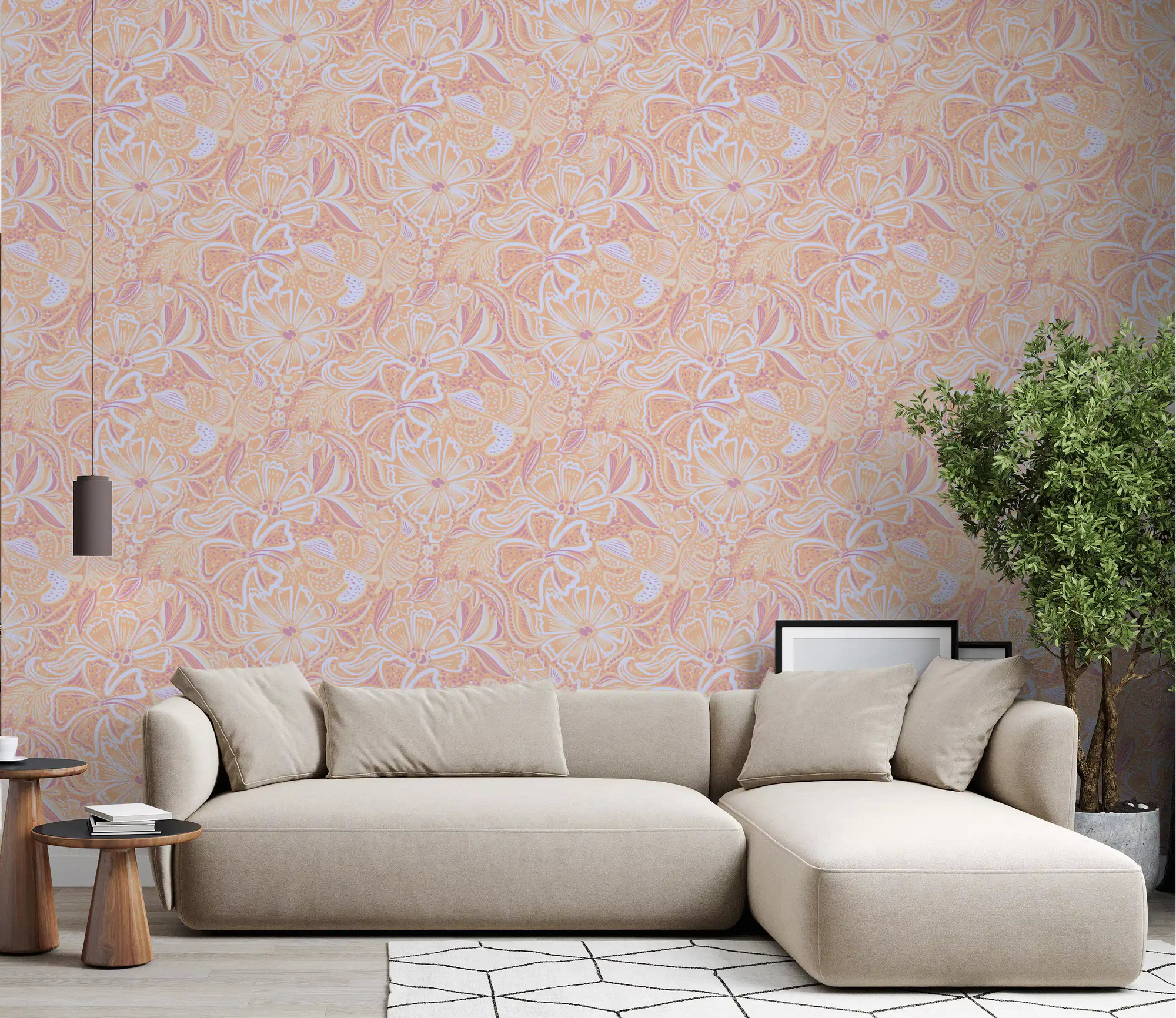 Soft apricot flower wallpaper in a bright living room setting., GD10539