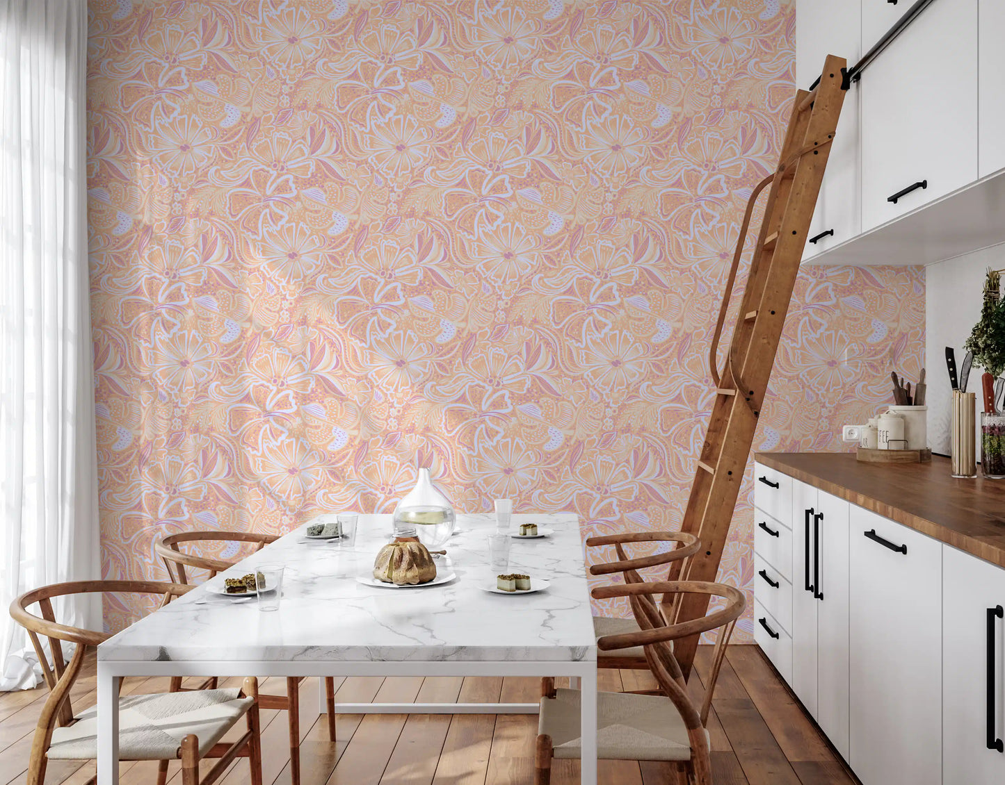 Soft peach swirl pattern wallpaper with flowing bloom motifs in dining room., GD10539