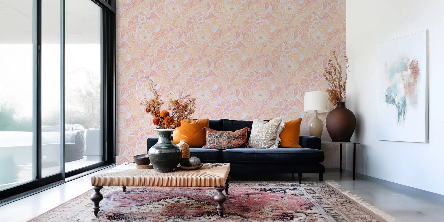 Soft peach floral swirl wallpaper with lavender bloom outlines., GD10539