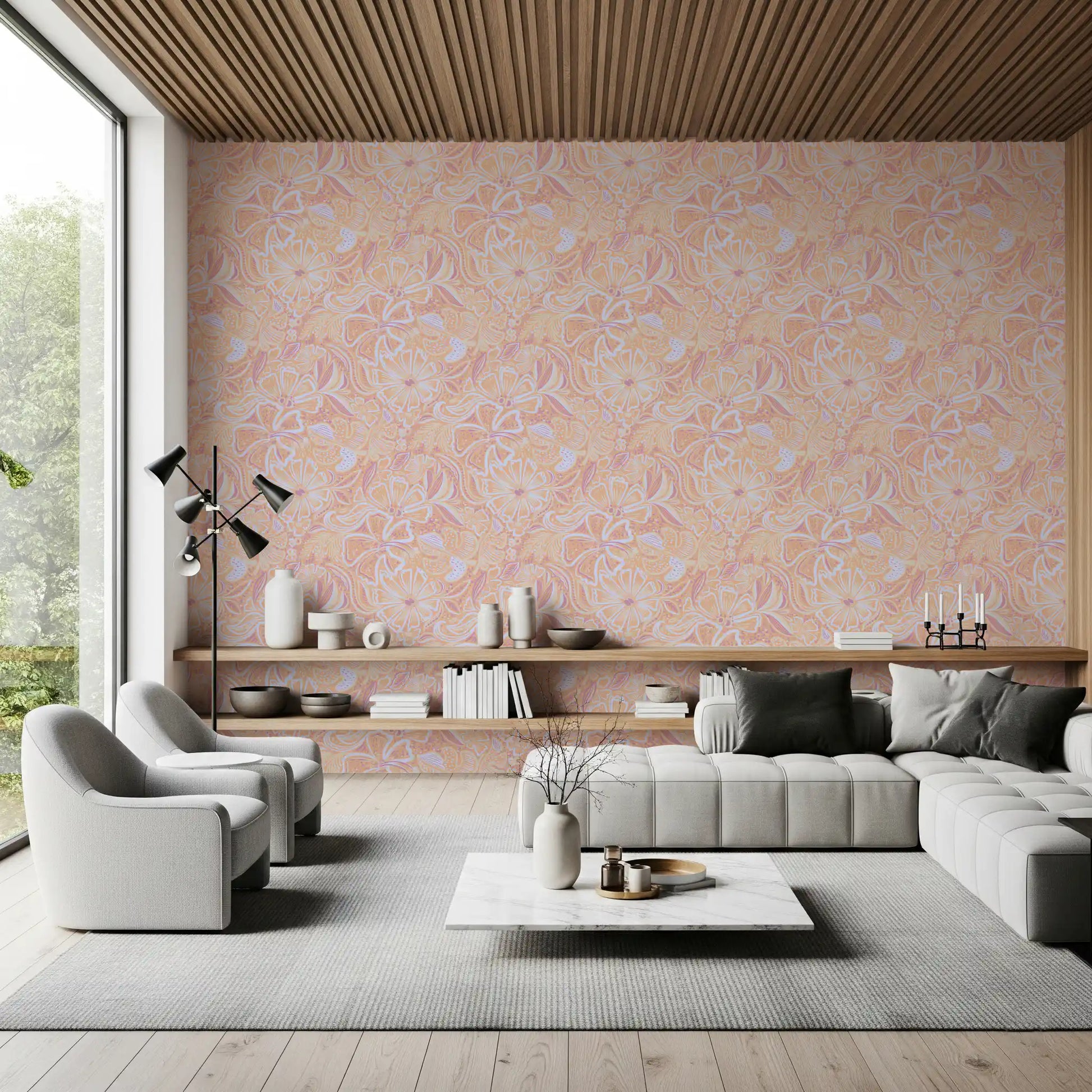 Peach floral swirl wallpaper adding warmth to a living room interior., GD10539