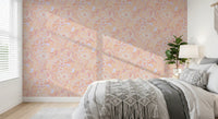 Warm apricot flower pattern wallpaper with cream petal accents in bedroom., GD10539