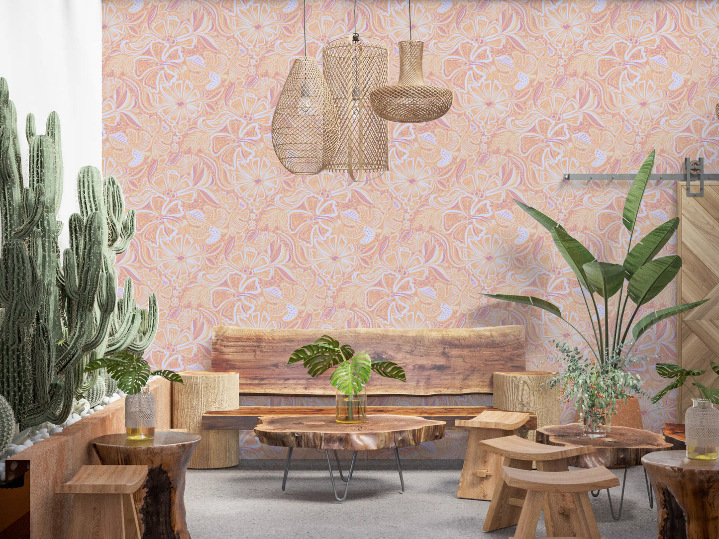 Peach and lavender botanical swirl wallpaper with dotted details., GD10539